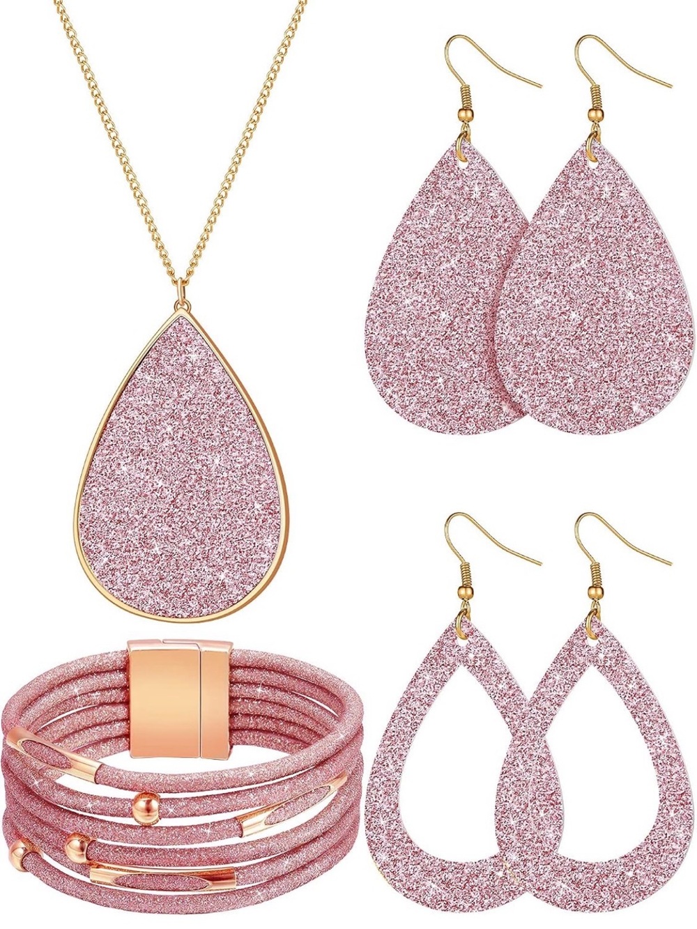 Rose Gold Glitter Teardrop Necklace & Earring Set with Matching Bracelet